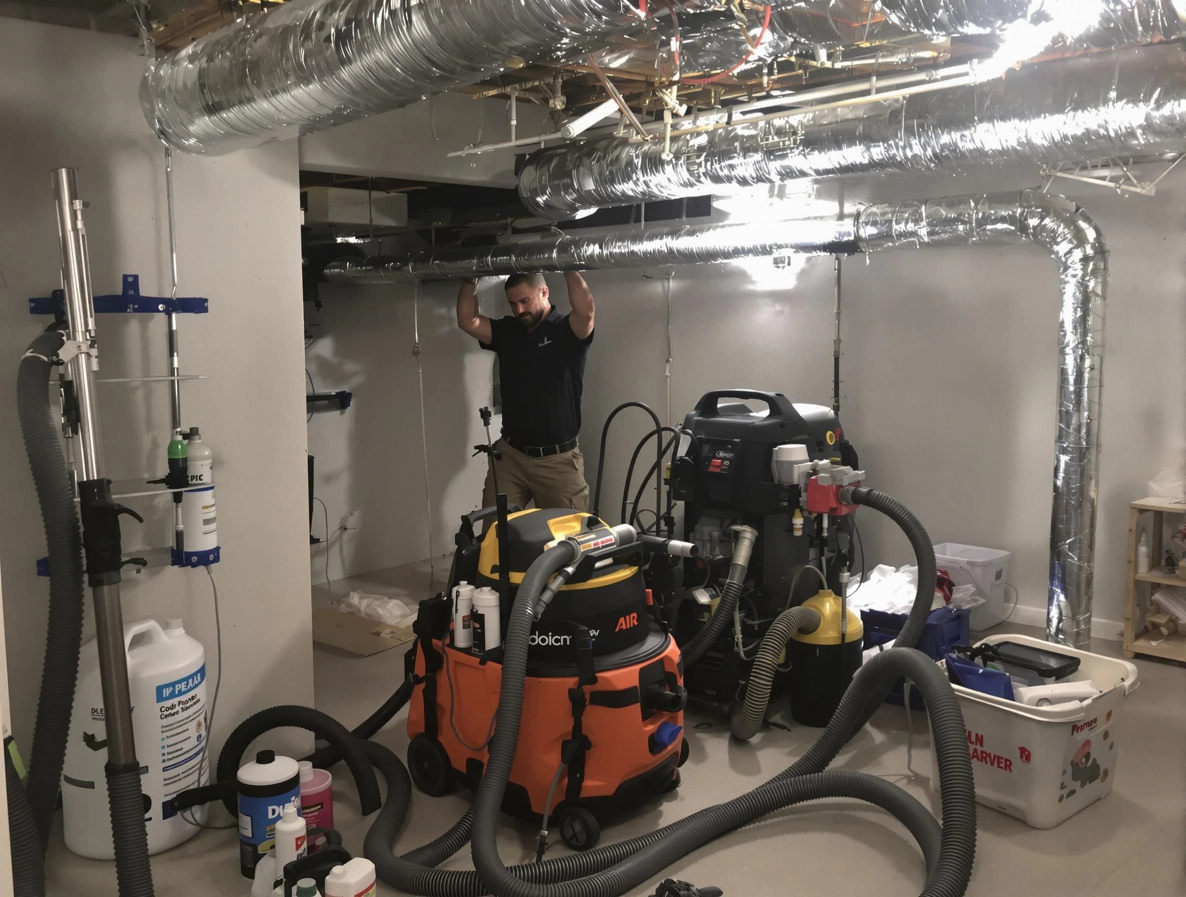Medford Air Duct Cleaning specialist performing professional mold removal from air ducts using safety equipment in Medford